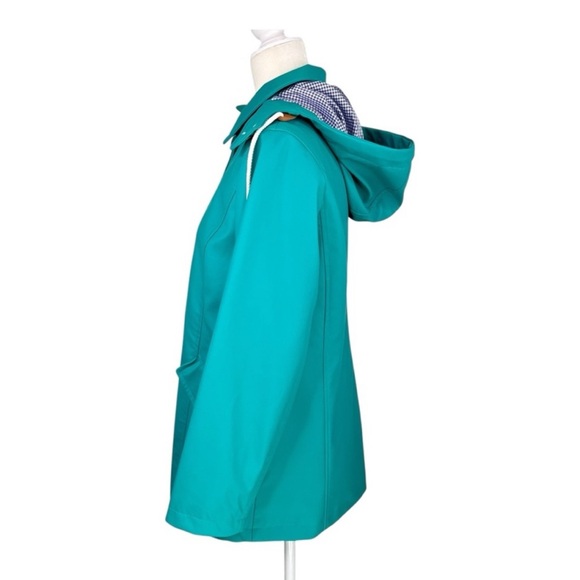 Talbots Classic Raincoat Green/Blue & White Gingham Button Up Hooded Jacket AA - Picture 3 of 11